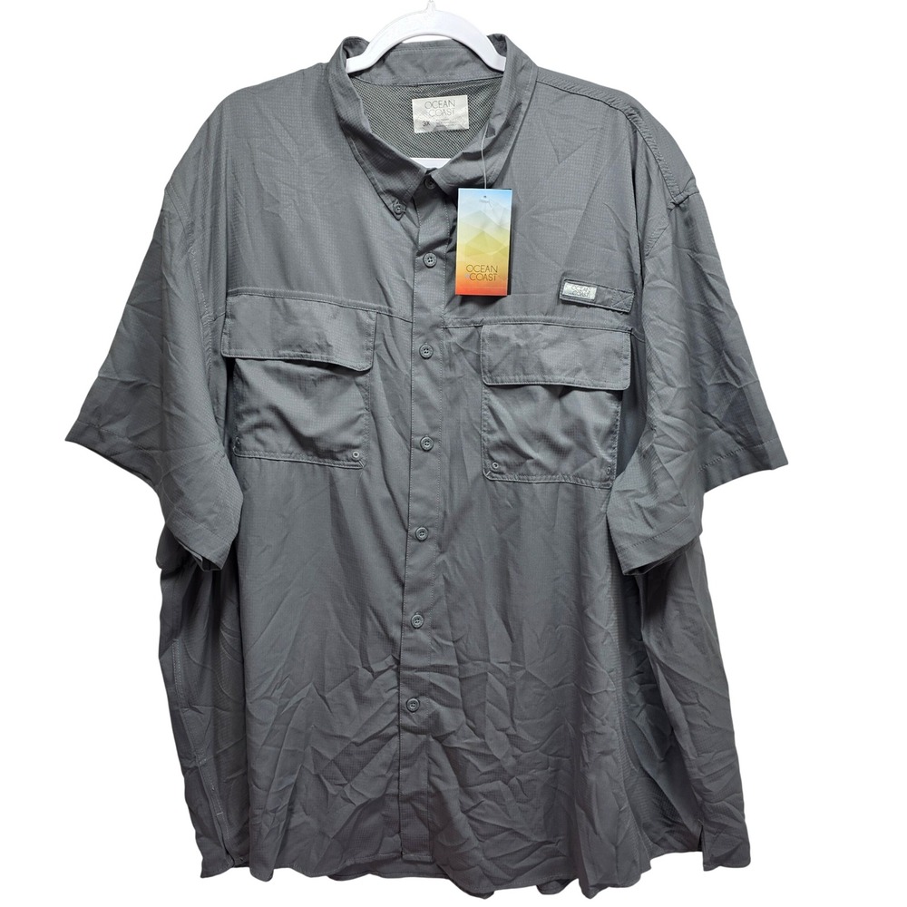 Ocean Coast Mens‎ 3X Grey Short Sleeve Button Up Fishing Shirt UPF 30 Vented